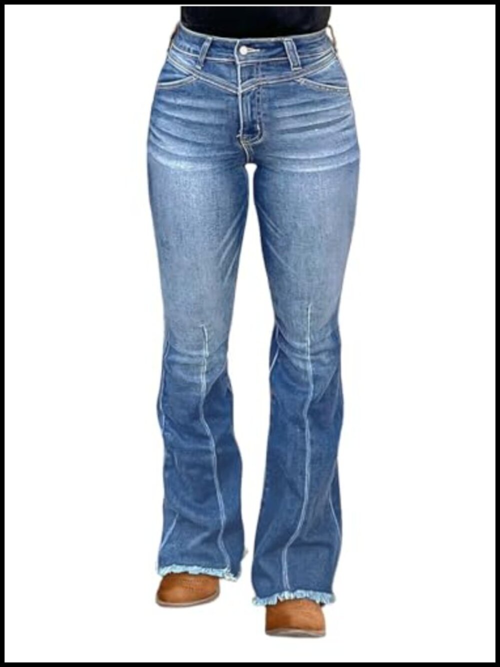 High Waisted Tummy Control Bootcut Butt Lifting Jeans Frayed Hem Stretchy